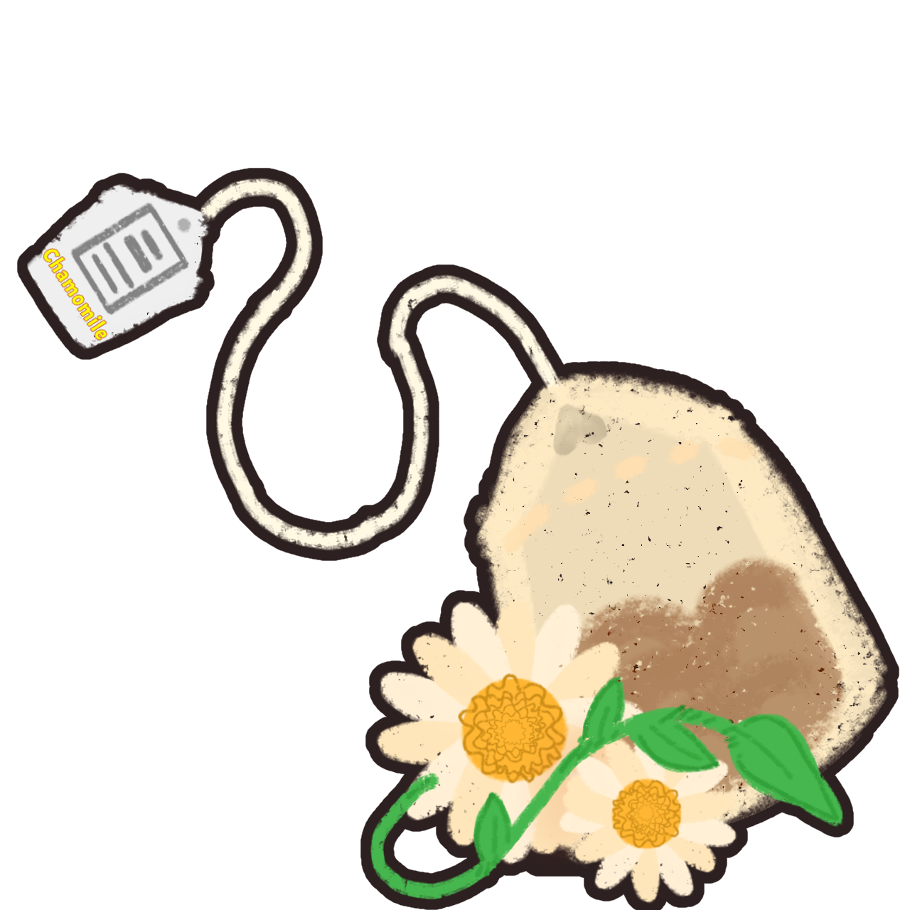 a chamomile tea bag with two chamomile flowers and leaves. The tea bag has a tag labeled 'Chamomile.'